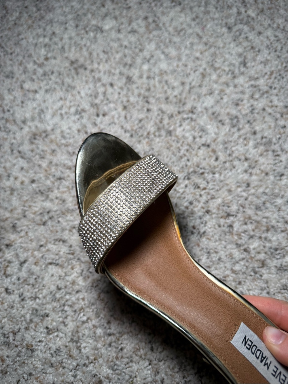 Steve Madden Metallic Gold Rhinestone Strap Ankle-Heel Sandals - Picture 9 of 10